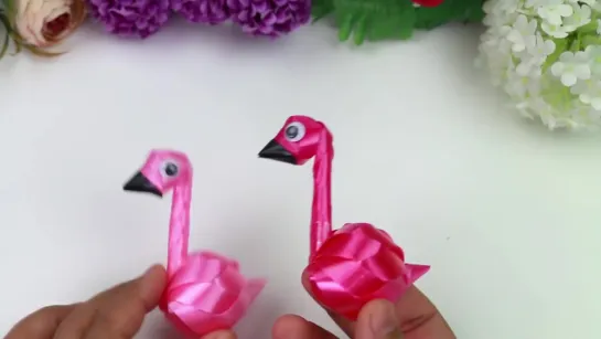 Птички_ริบบิ้นดิ้นด้าย _ How to Make _ Easy Ribbon flamingos