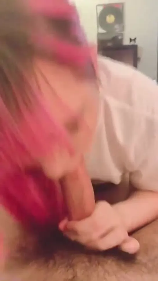 Pink Hair Girl Giving BF a Quick Blowjob