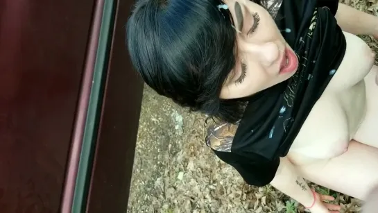 Brunette sucks cock in woods w surprise cumshot