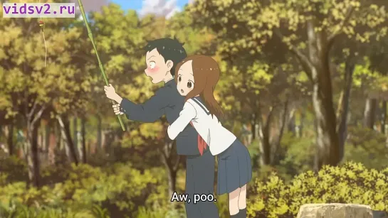 karakai jouzu no takagi-san blush карие глаза fishing rod транслировать dot eyes :о fish обнимать 1girl дерево flat chest трава