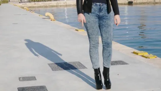 PrincessWalks - Harbour Walk In Buckled Leather Boots - Sexy Blonde In Denim And