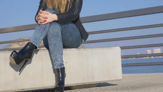 PrincessWalks - Harbour Relaxing In Studded Leather Boots - Hot Blonde Girl In D