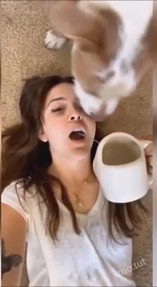 Woman  dog drink water