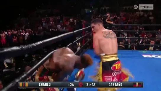 Brian Castano lands his left hook as RD3 comes to an end, buckling the knees of Jermell Charlo