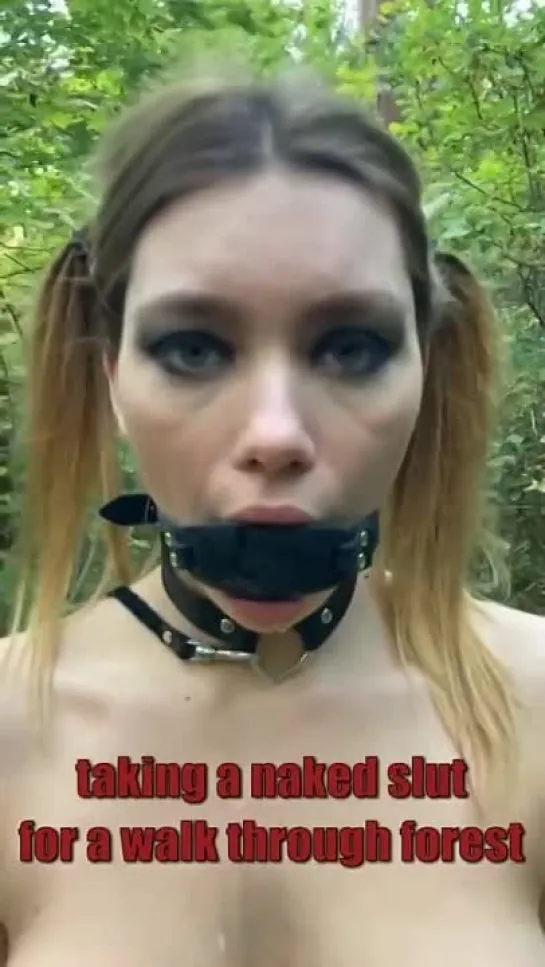 Naked Submissive Slut taken for a Walk on a Leash in Forest