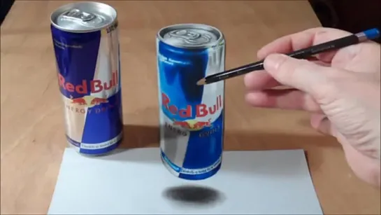 Anamorphic Illusion, Drawing  3D Levitating Red Bull Can ★