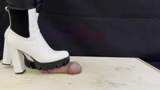 White Dangerous Heeled Boots Crushing and Trampling Slaves Cock