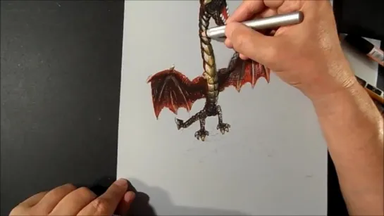 Drawing a 3D Red Dragon, Trick Art