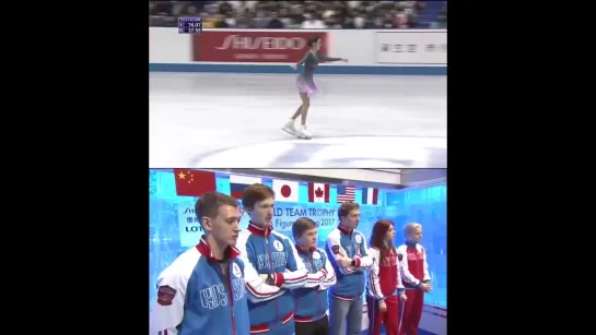 Team Russia cheering for Evgenia Medvedeva FS - WTT 2017