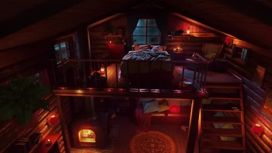 Cozy Cabin at Night with Rain Sounds and Crackling Fireplace for Sleep, Study and Relax