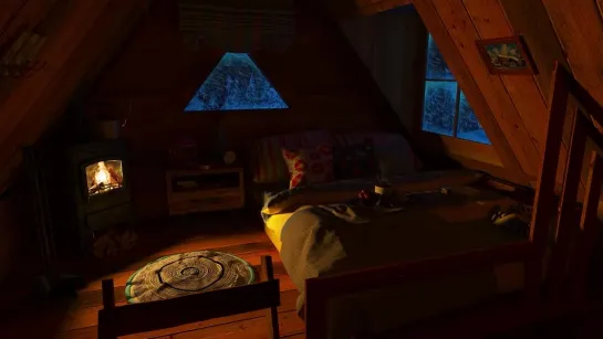 Cozy Winter Attic in the Forest - Snow Storm Sounds, Snowfall, Wind Sound and Fireplace Crackling