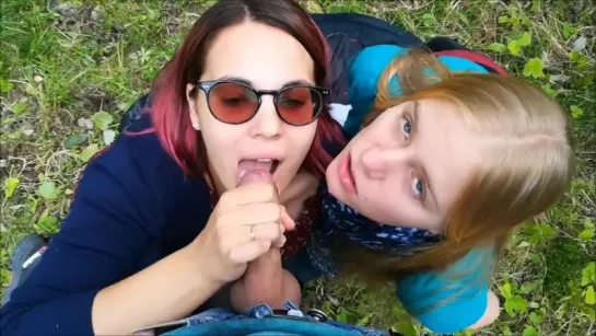 Double Blowjob - Public Threesome at the Сity Park - outdoor cumshot street минет в парке на улице