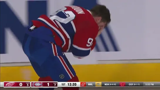 Jonathan Drouin gets a puck on the head