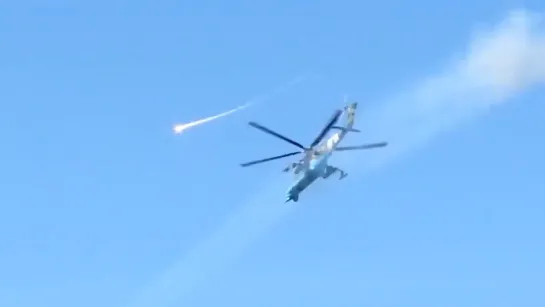 Donetsk, Ukraine, 26.5.2014 Ukrainian Airforce Mi-24 launching missiles on the city