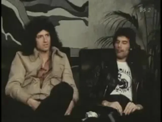 Queen being interviewed in Brussels, Belgium in 1979 during the Jazz Tour