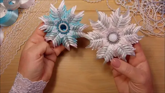 ❄️ Снежинки своими руками из лент канзаши ❄️ diy christmas ornaments snowflake