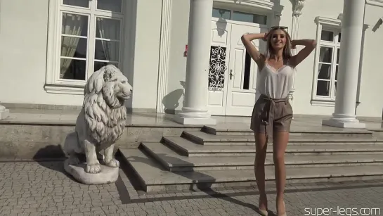 Super Legs - High heels , beige shiny pantyhose ,white top , leather shorts. "Женские штучки от Насти" (Колготки, чулки)