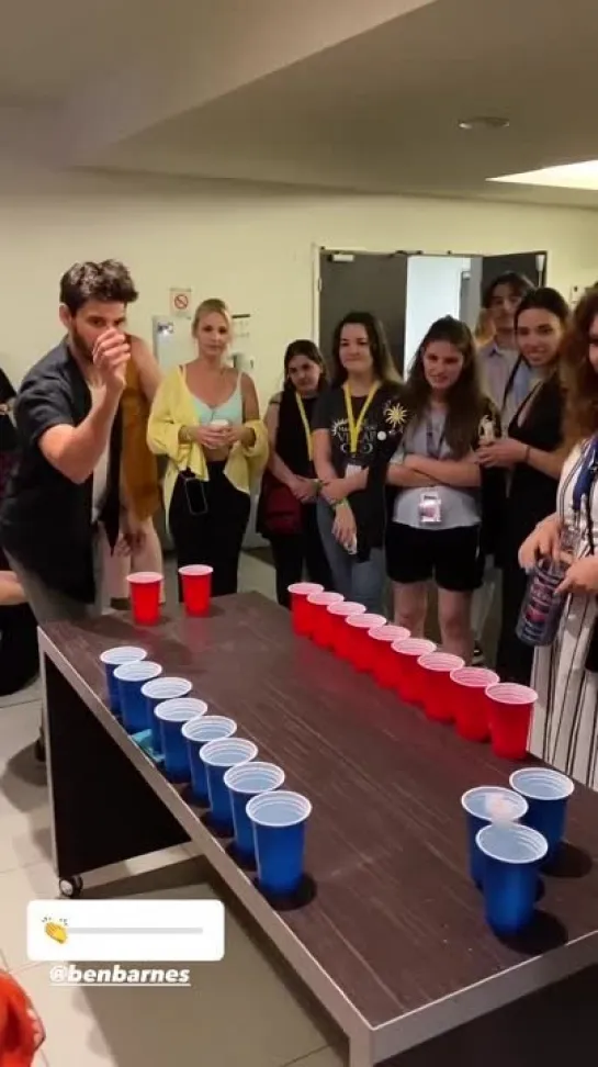 Ben Barnes plays beer pong at the Saturday Night Pizzama Party during ASOCAS in Paris. - -