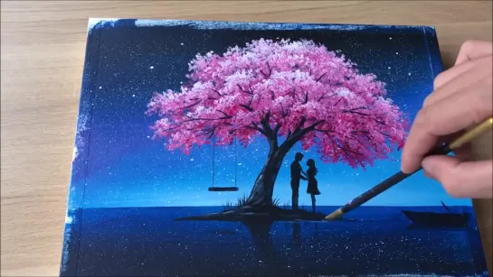 Daily Challenge #23 / Acrylic / Swab Art/ Couple in Love under Cherry Blossom Tree