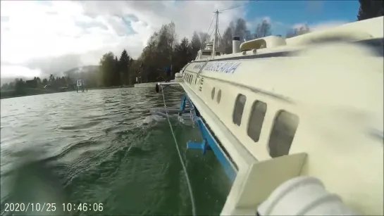 R C Hidrogliser (Hydrofoil) Kometa recording from drone