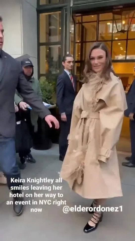 Keira Knightley all smiles leaving her hotel heading to an event in NYC right now  #keiraknightley