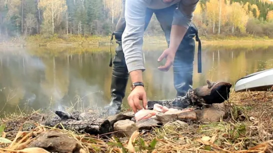 Примитивный способ приготовления рыбы на камнях. Cooking fish with hot rocks.