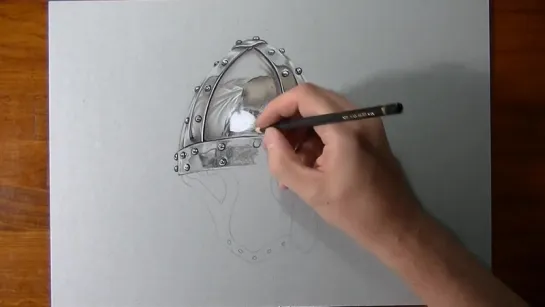 Drawing Time Lapse Realistic Chrome Helm With Leather Chin Strap.