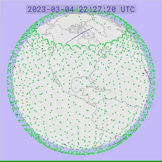 Визуализация текущего состояния сети спутникового интернета Starlink Илона Маска