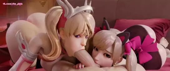 overwatch mercy angel d.va blowjob (3D hentai, overwatch, rule34, blow, r34)