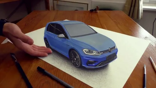 Car VW Golf Facelift painted in 3D Trick Art