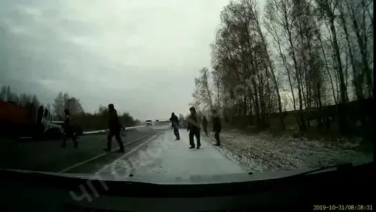 Момент аварии с мусоровозом на трассе Омск-Новосибирск (31.10.2019)