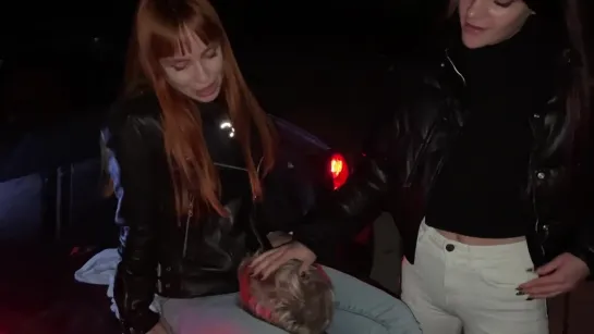 Petite Princess FemDom - Bratty Girls Roughly Public Dominate An Enslaved Guy Outdoor Night