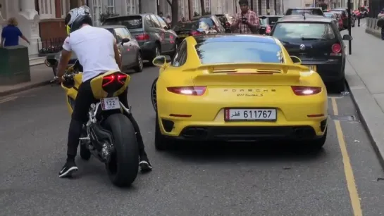 Yellow Ducati 1199 Panigale Termignoni Exhaust & Porsche 911 Turbo S