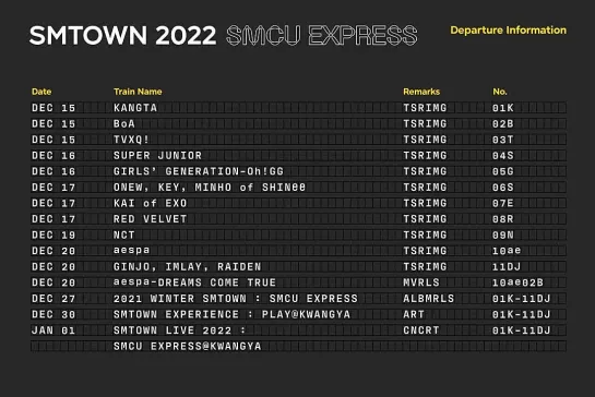 SMTOWN 2022 SMCU EXPRESS - - Departure Information - - SMTOWN2022 SMCU_EXPRESS - 2021_WINTER_SMTOWN