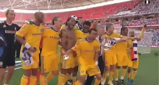 Drogba and Obe Mikel celebrate with Bosingwa