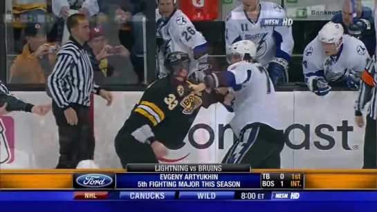 Evgeny Artyukhin (Tampa Bay Lightning) vs. Zdeno Chara (Boston Bruins) on 03/31/2009 / Евгений Артюхин vs Здено Хара