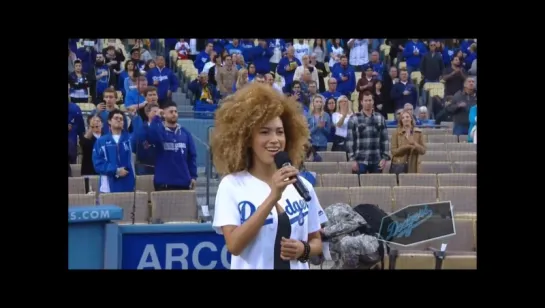 Andy Allo singing the National Anthem at the Dodgers game.