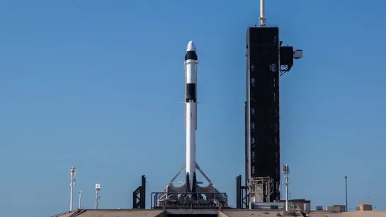 Falcon 9 and Crew Dragon are vertical on the launch pad