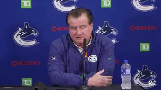 Jim Benning addresses the media following the re-signing of Elias Pettersson and Quinn Hughes.