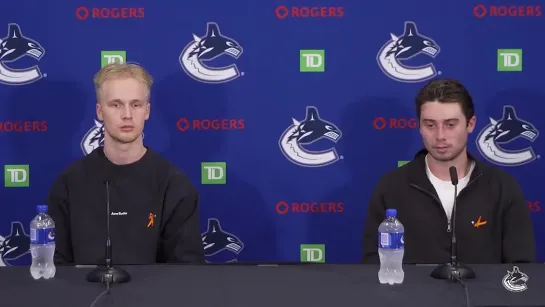 Elias Pettersson and Quinn Hughes speak to the media after the announcement of both their re-signings.