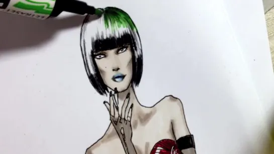 BLACK-GREEN HAIRSTYLE _ Fashion Drawing