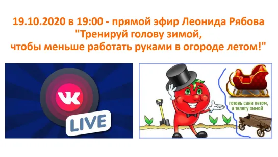 19.10.20 г. в 19:00 - прямой эфир Леонида Рябова "Тренируй голову зимой, чтобы меньше работать руками летом!"