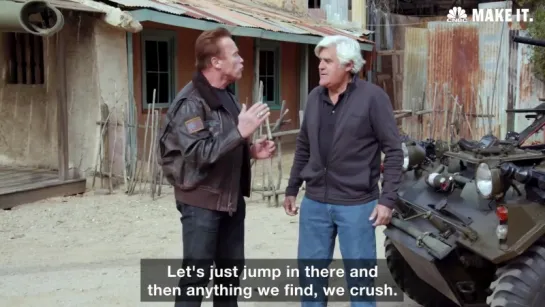 Jay Leno And Arnold Schwarzenegger Crush A Limo In A Tank ¦ CNBC Make It