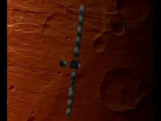 Animation showing Rosetta skimming Mars at 250 km