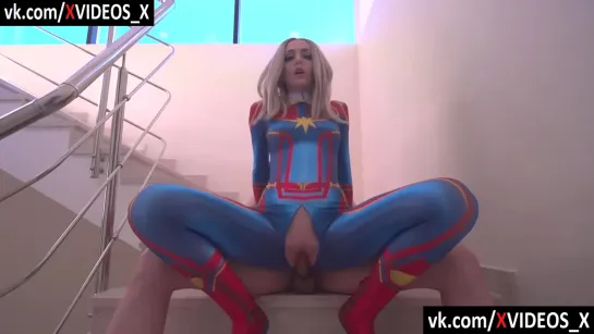 Blonde in a Captain Marvel jumpsuit jumps on a dick on the stairs [Sex, Porn, Fucking, Anal, Gangbang, Порно, Секс]