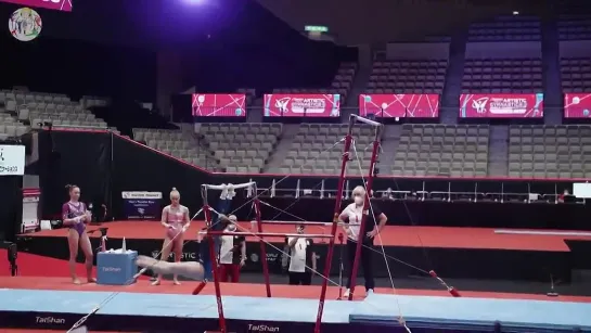 Maria Minaeva (RUS) on uneven bars during podium training