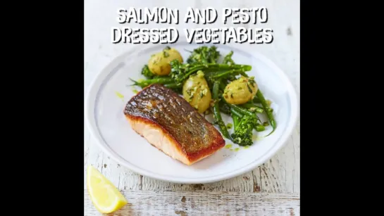 Pan-fried salmon served with delicious, pesto-dressed potatoes and greens