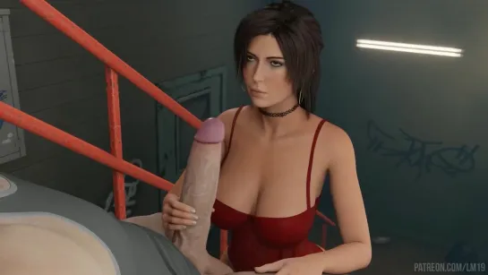 Lara Croft from Tomb Raider doing blowjob and handjob at stairs sex aniamtion r34