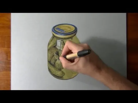 Нарисованная закуска.A glass jar of Pickles - Gherkins realistic drawing