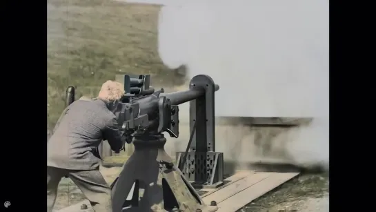 (1897) Sir Hiram Maxim  testing his invention, the machine gun.